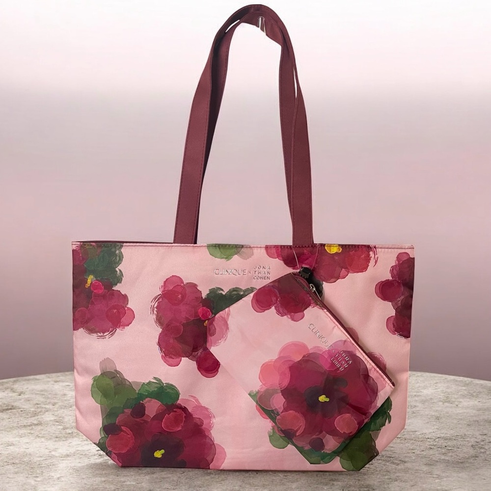 Clinique Pink and Green Floral Tote with Cosmetics Pouch